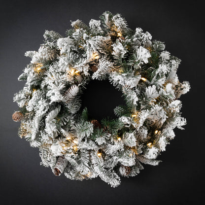 25" LIT FLOCKED PINE WREATH