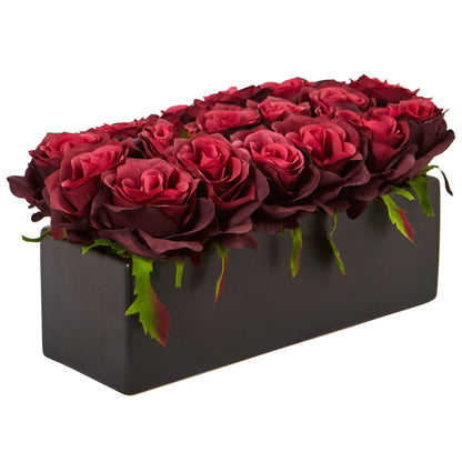 Silk Roses in Rectangular Planter