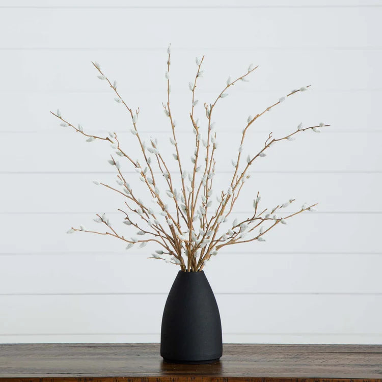 28” Artificial Pussy Willow Arrangement In Modern Metal Black Vase