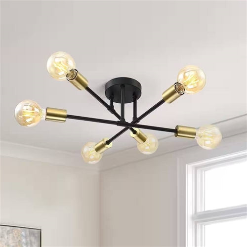 Mid-Century Sputnik Style 6-Light Black Gold Ceiling Light - Semi Flush Mount