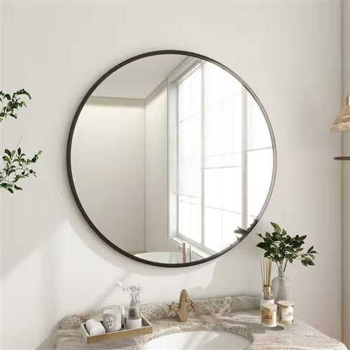 24-inch Circular Wall Mirror with Black Frame