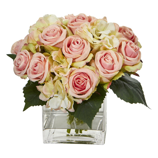 9" Rose and Hydrangea Bouquet Artificial Arrangement in Vase